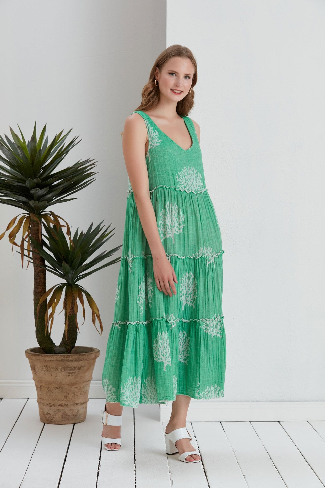 Begonville Uzun Elbise Jolie Müslin Kat Kat Uzun Elbise - Yeşil